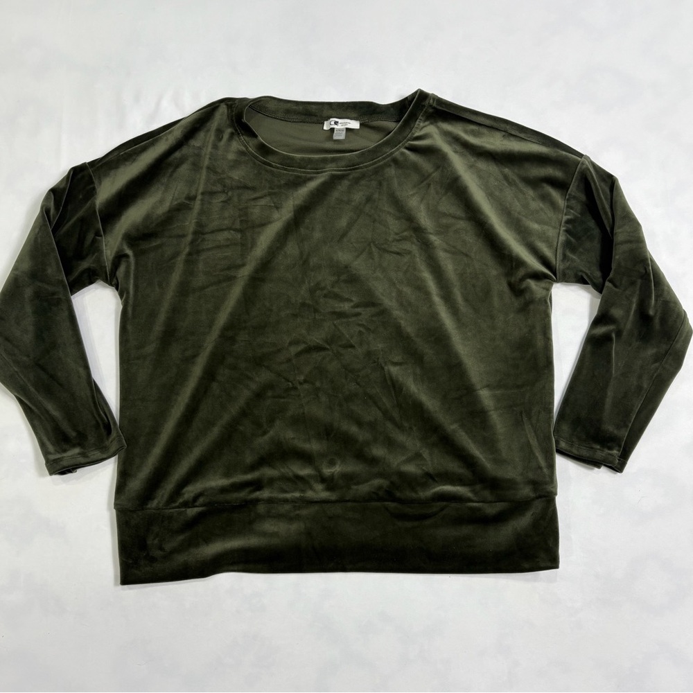 Cable & Gauge Velour Top Womens XL Olive Green Long Sleeve Holiday Velvet Shirt